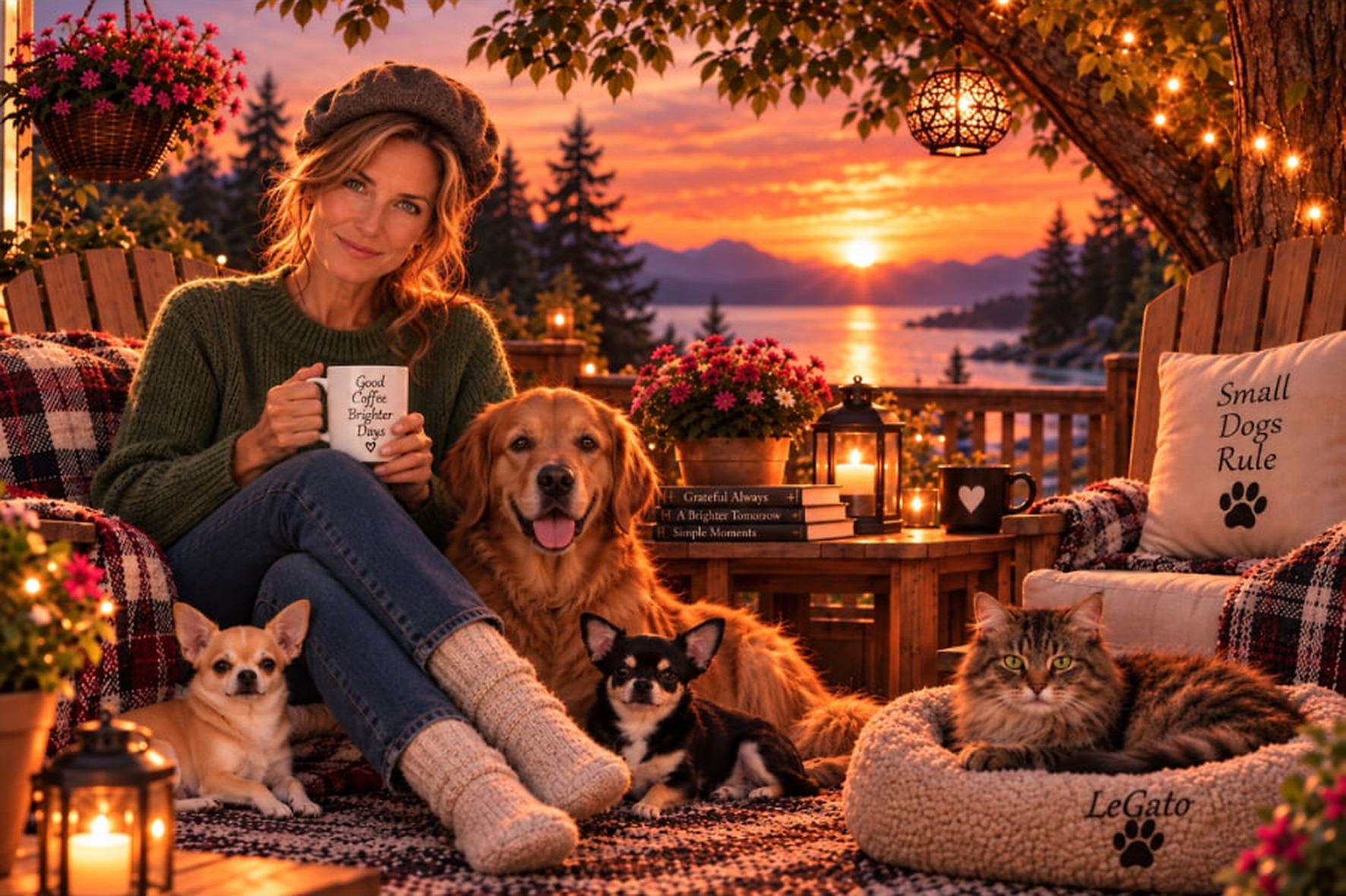 mianna relaxing with cats and dogs